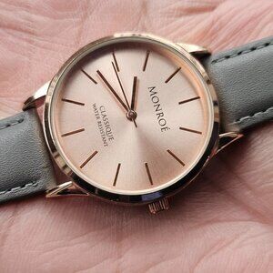 Monroe Wristwatch Rose Gold Tone Quartz Analog Gray Leather Strap Wrist Watch